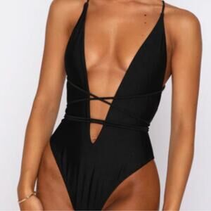 White Fox “Daydream Island” black shiny wrap sexy one piece swimsuit swimwear